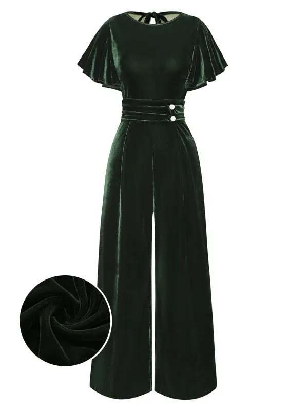 [Pre-Sale] Green 1940s Velvet Ruffle Sleeve Lace Open Back Jumpsuit sold by Retro Stage