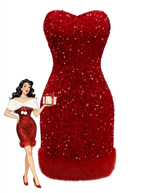 Red 1970s Velvet Sequin Faux Fur Trim Strapless Dress sold by Retro Stage