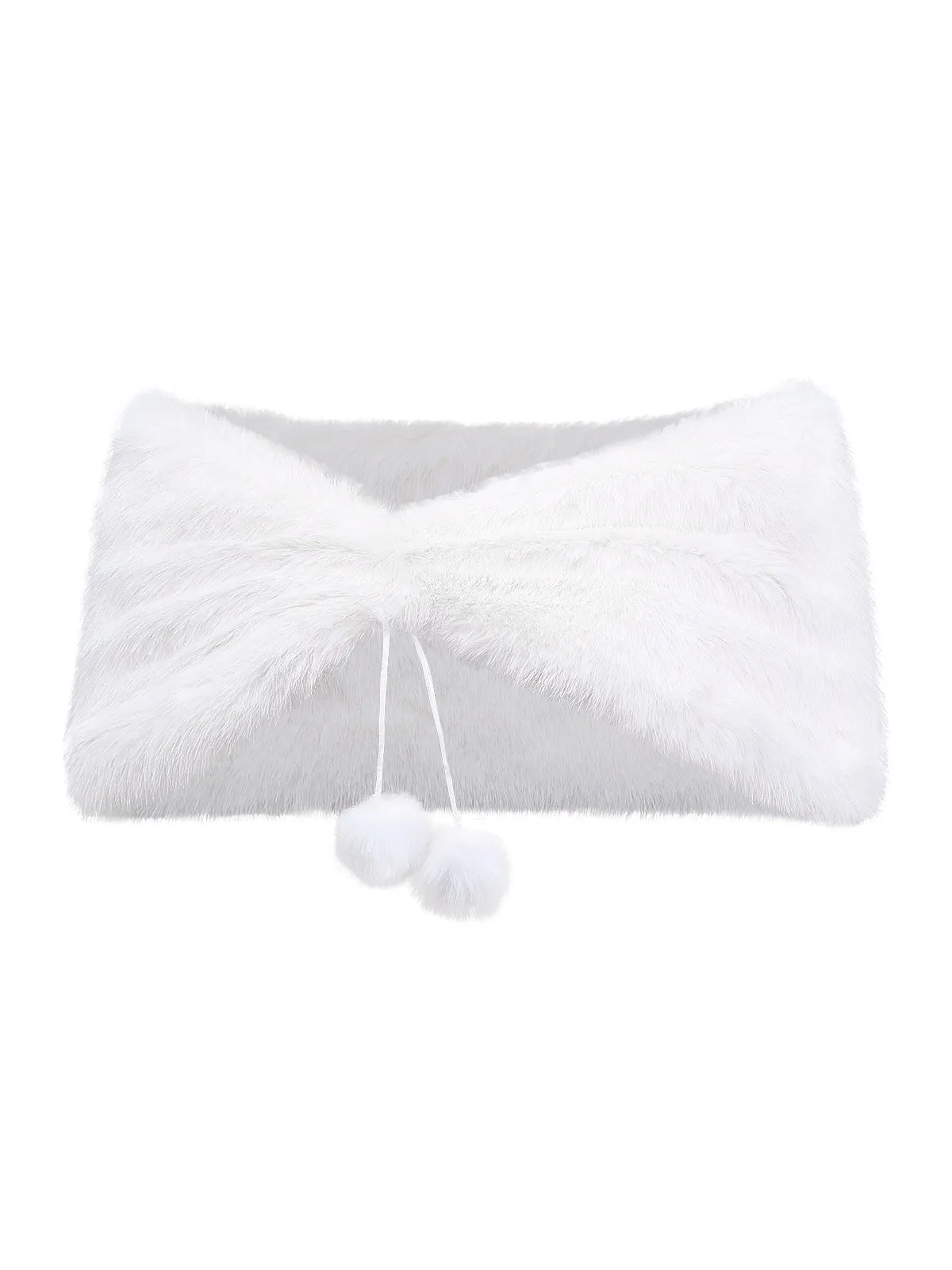 White 1970s Solid Faux Fur Pom Pom Tie Shawl sold by Retro Stage product image thumbnail 2