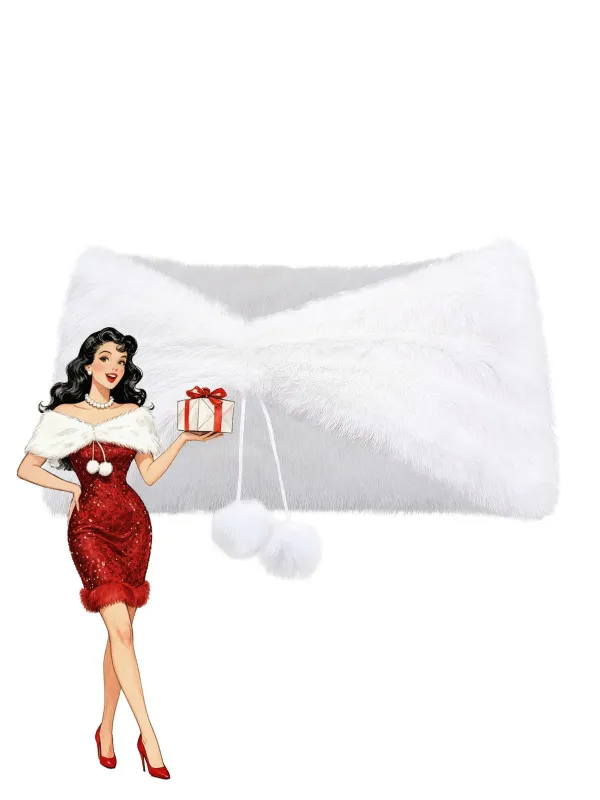 [Pre-Sale] White 1970s Solid Faux Fur Pom Pom Tie Shawl sold by Retro Stage