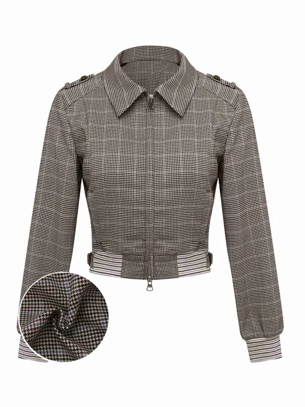 [Pre-Sale] Brown 1950s Houndstooth Bow Ribbed Knit Short Jacket sold by Retro Stage