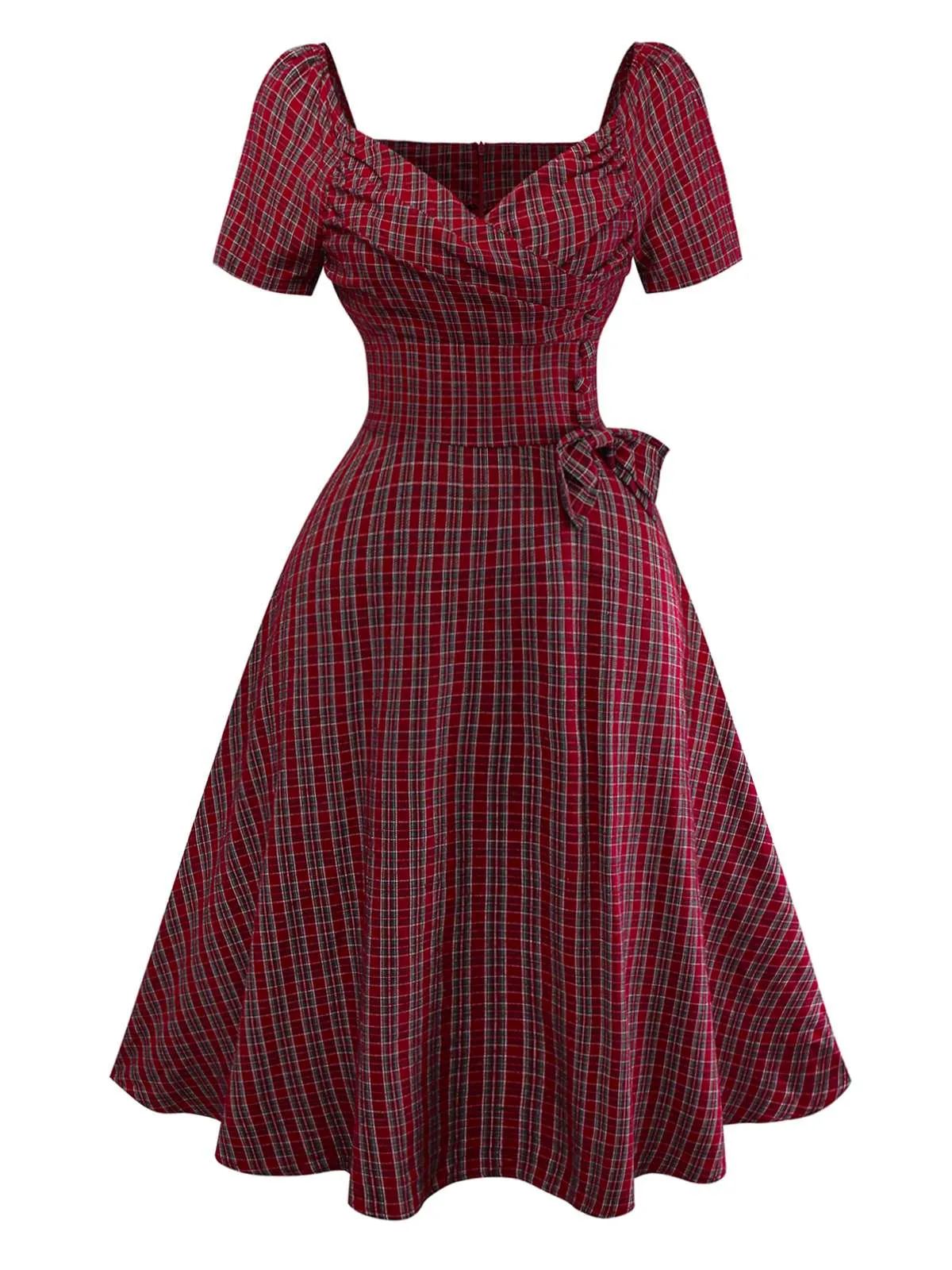 Red 1950s Plaid Ruched Sweetheart Neck Bow Dress sold by Retro Stage product image thumbnail 2