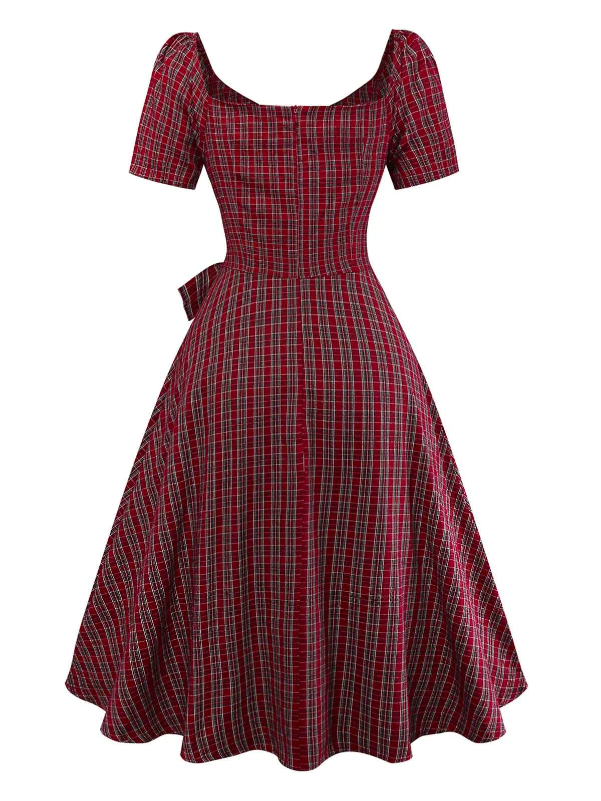 Red 1950s Plaid Ruched Sweetheart Neck Bow Dress sold by Retro Stage product image thumbnail 4
