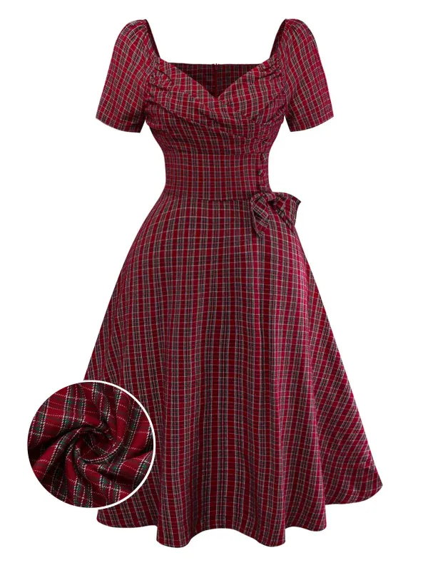 [Pre-Sale] Red 1950s Plaid Ruched Sweetheart Neck Bow Dress sold by Retro Stage