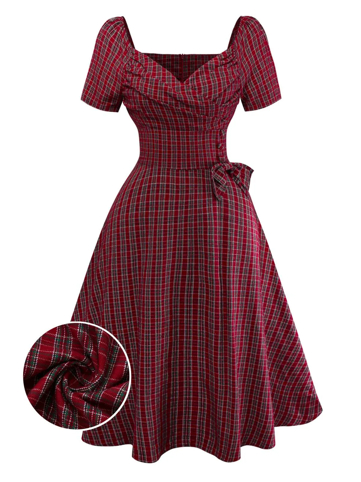 Red 1950s Plaid Ruched Sweetheart Neck Bow Dress sold by Retro Stage