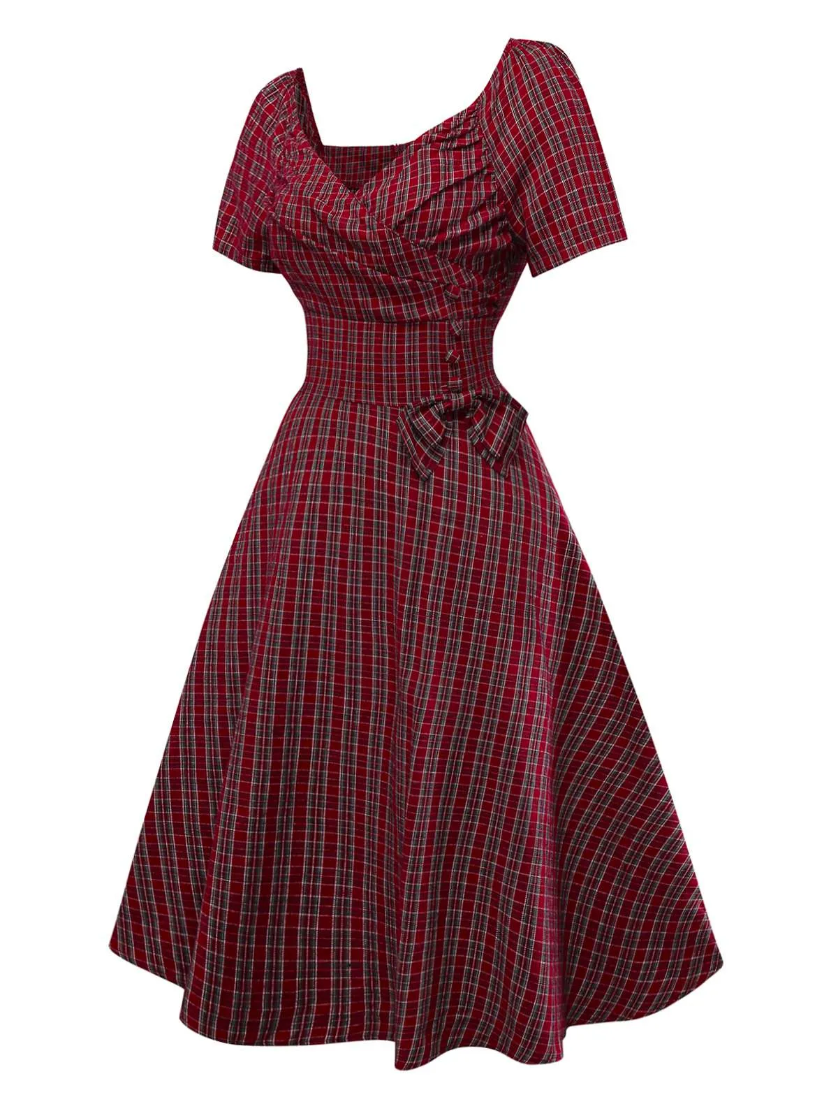 Red 1950s Plaid Ruched Sweetheart Neck Bow Dress sold by Retro Stage product image thumbnail 3