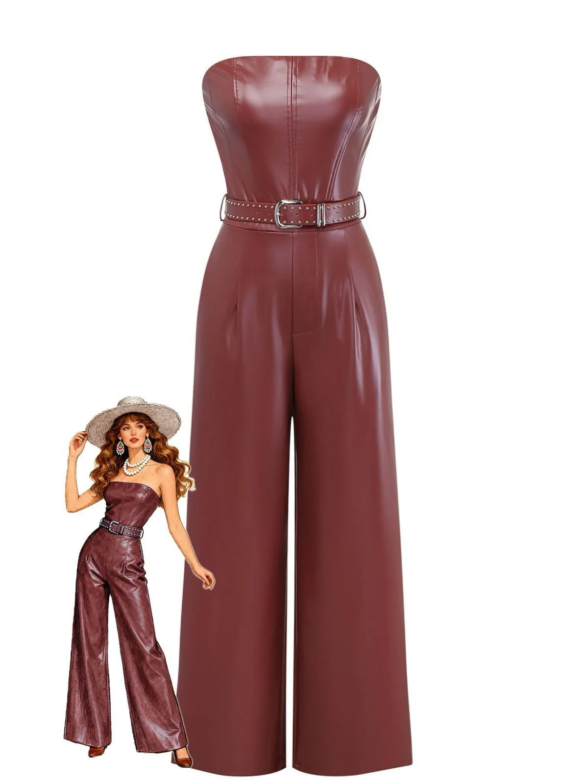 1940s PU Leather Belted Strapless Jumpsuit sold by Retro Stage