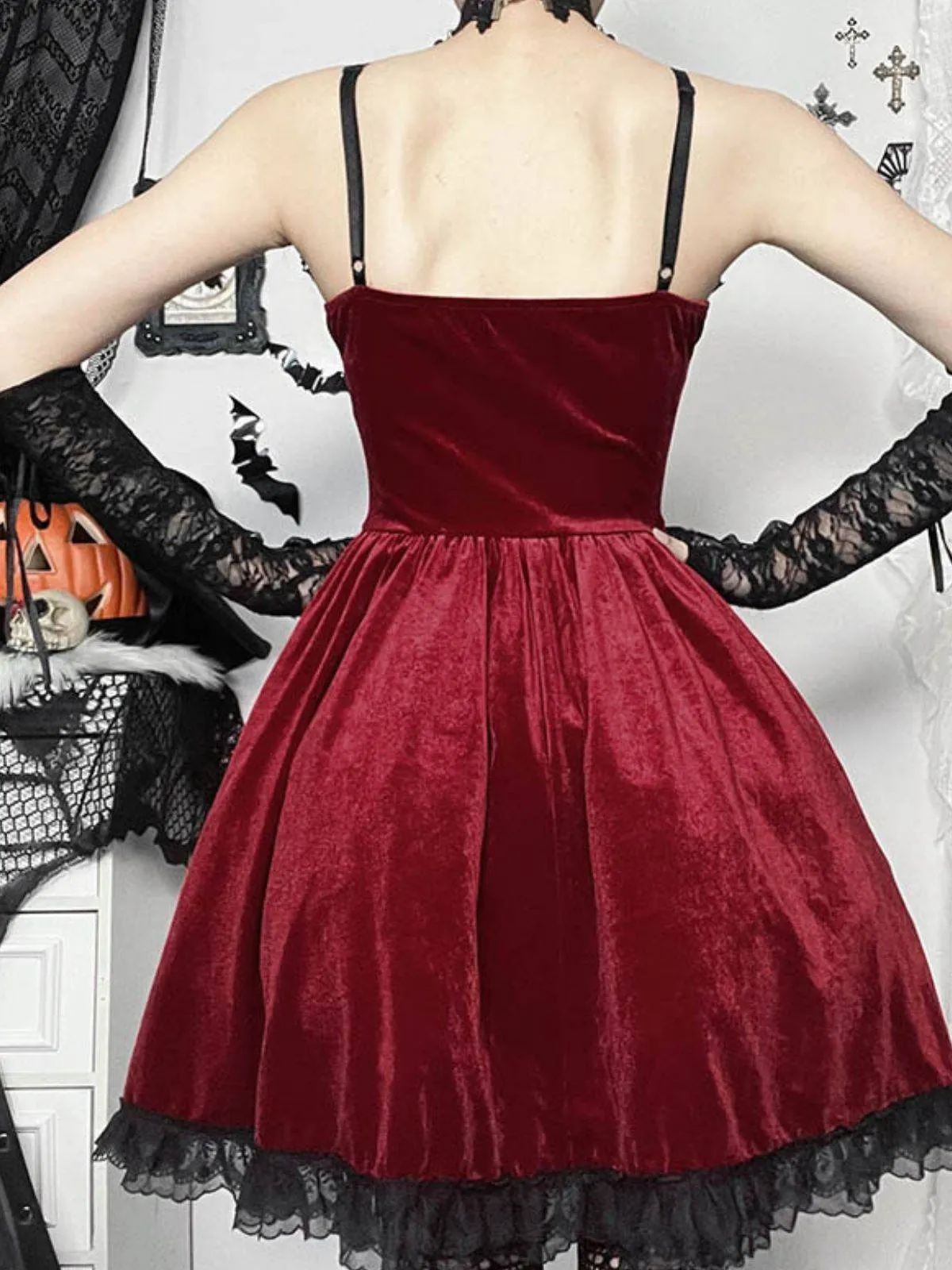 Burgundy 1950s Christmas Gothic Velvet Chain Rhinestone Dress sold by Retro Stage product image thumbnail 3