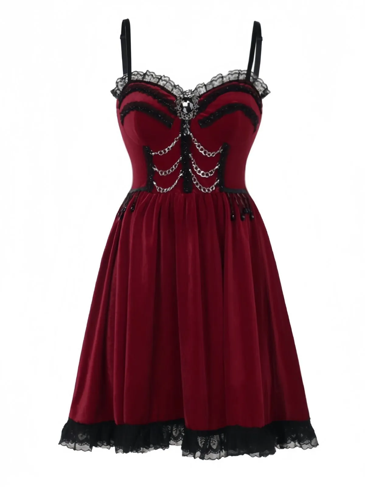 Burgundy 1950s Christmas Gothic Velvet Chain Rhinestone Dress sold by Retro Stage product image thumbnail 4