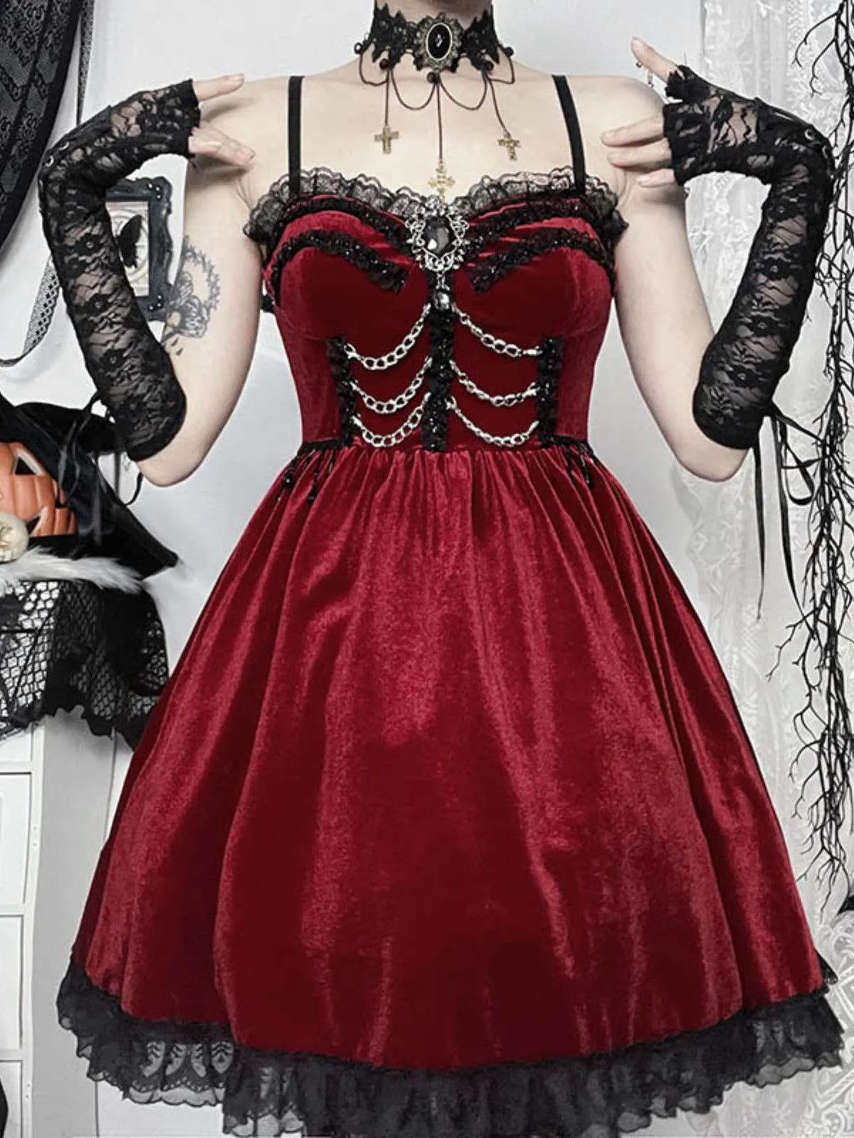 Burgundy 1950s Christmas Gothic Velvet Chain Rhinestone Dress sold by Retro Stage product image thumbnail 2