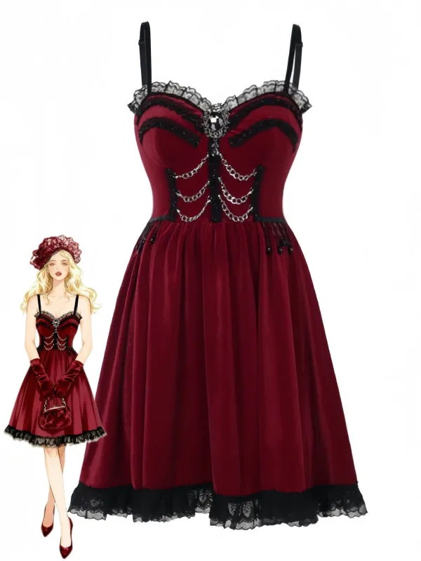 Burgundy 1950s Christmas Gothic Velvet Chain Rhinestone Dress sold by Retro Stage