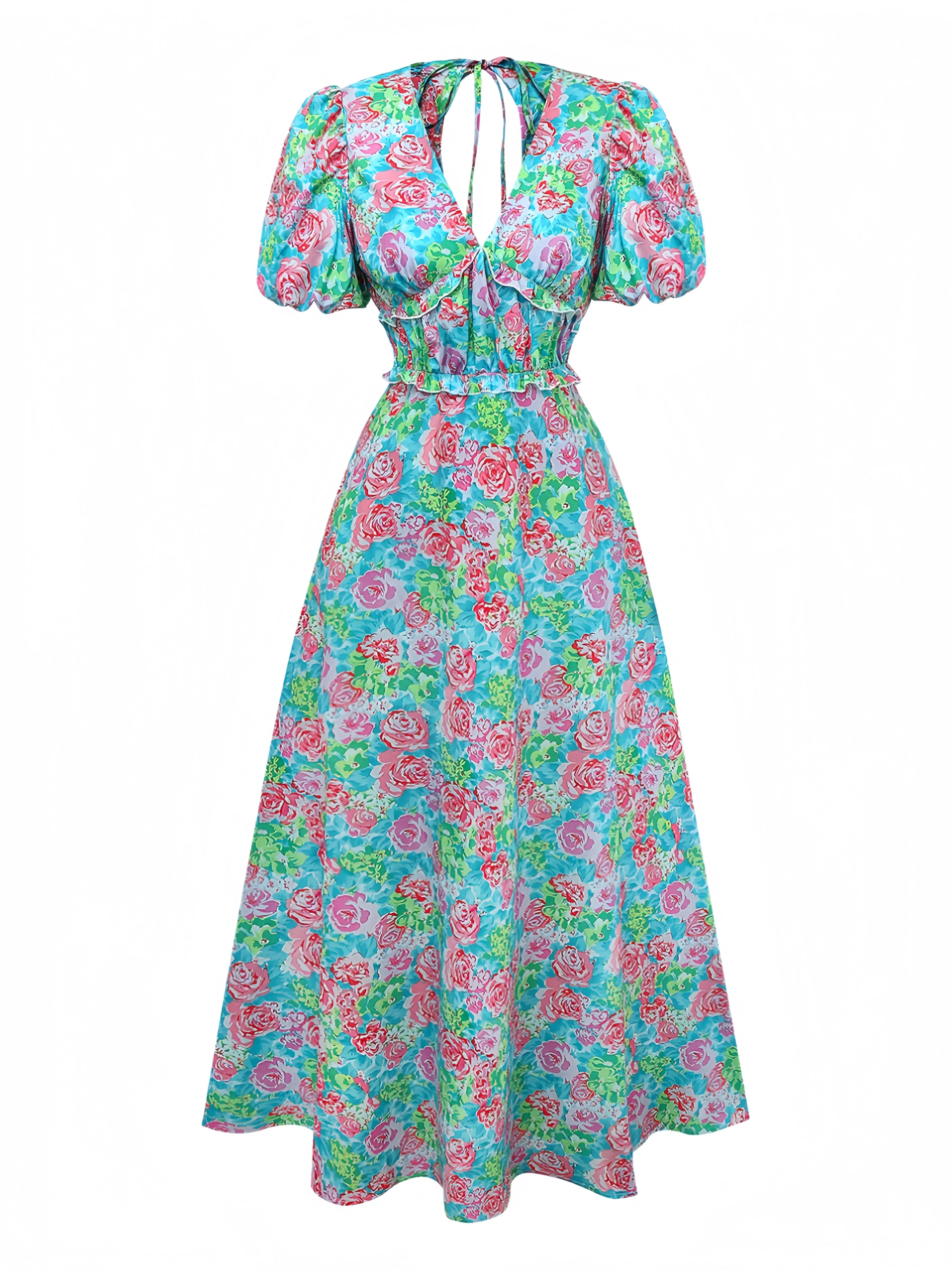 Green 1970s Boho Floral V-Neck Dress sold by Retro Stage product image thumbnail 2