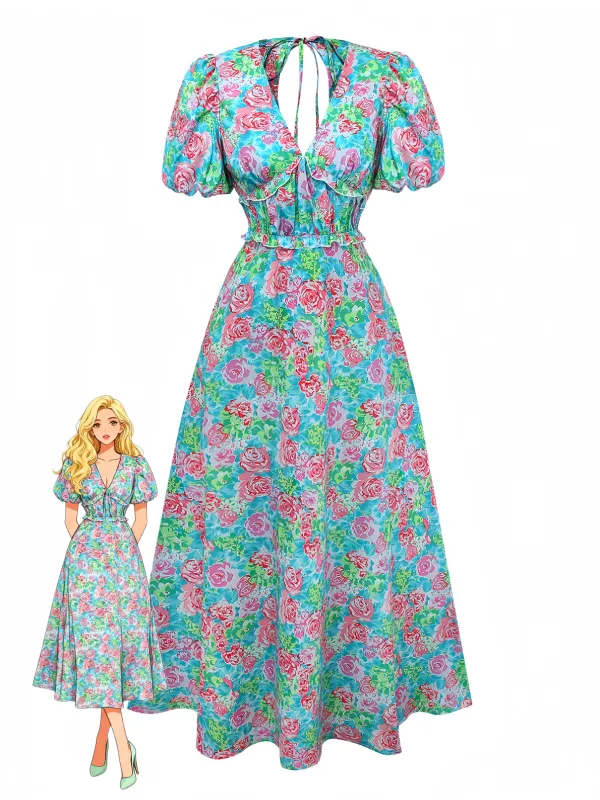 Green 1970s Boho Floral V-Neck Dress sold by Retro Stage