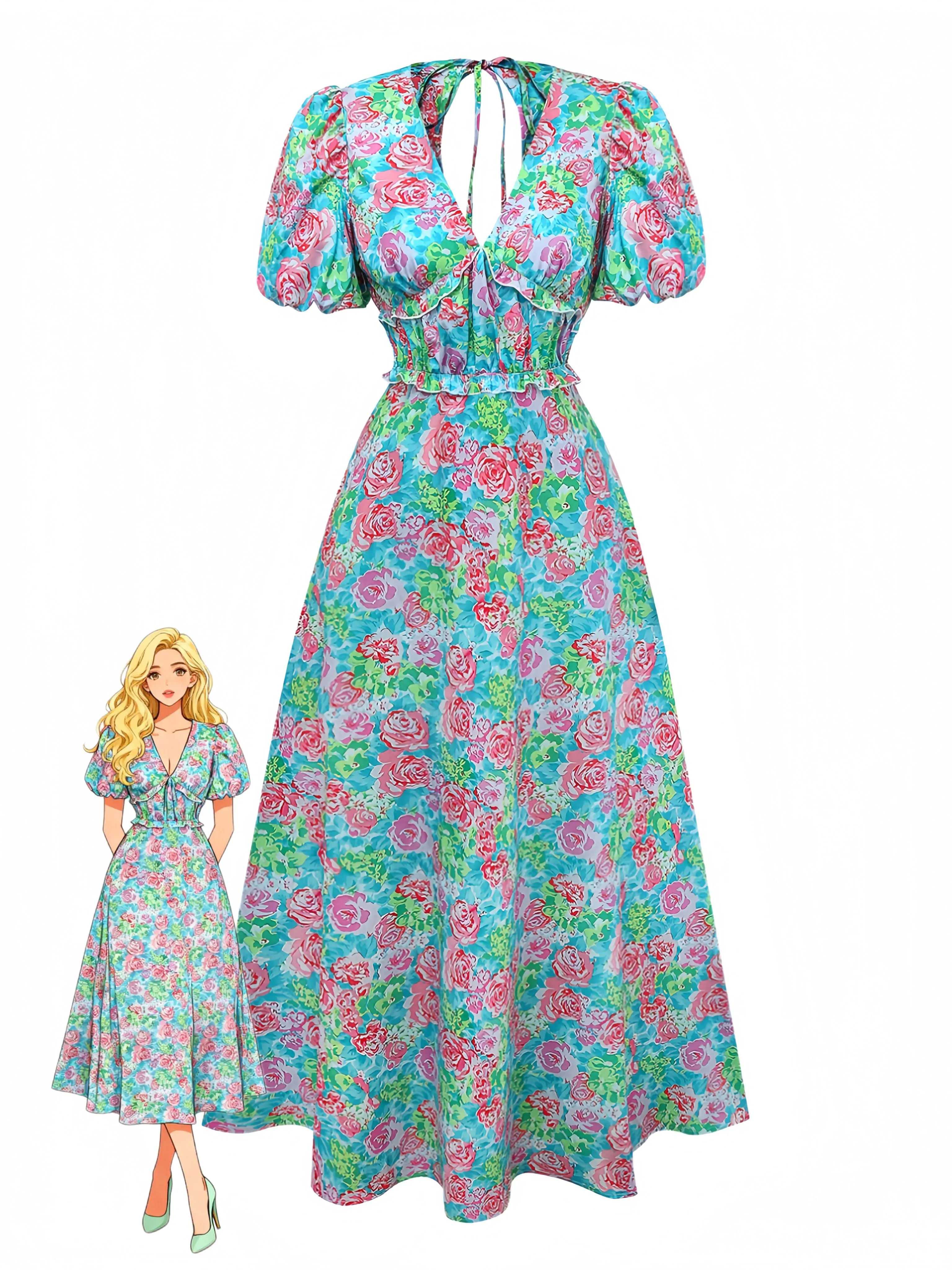 Green 1970s Boho Floral V-Neck Dress sold by Retro Stage