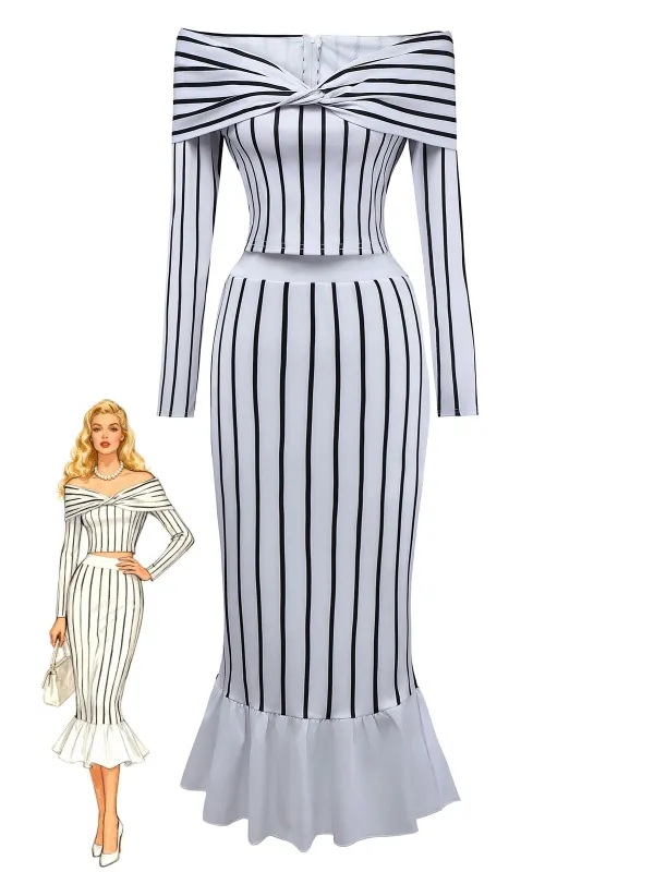 2PCS 1930s Striped Off-Shoulder Top & Fishtail Skirt sold by Retro Stage