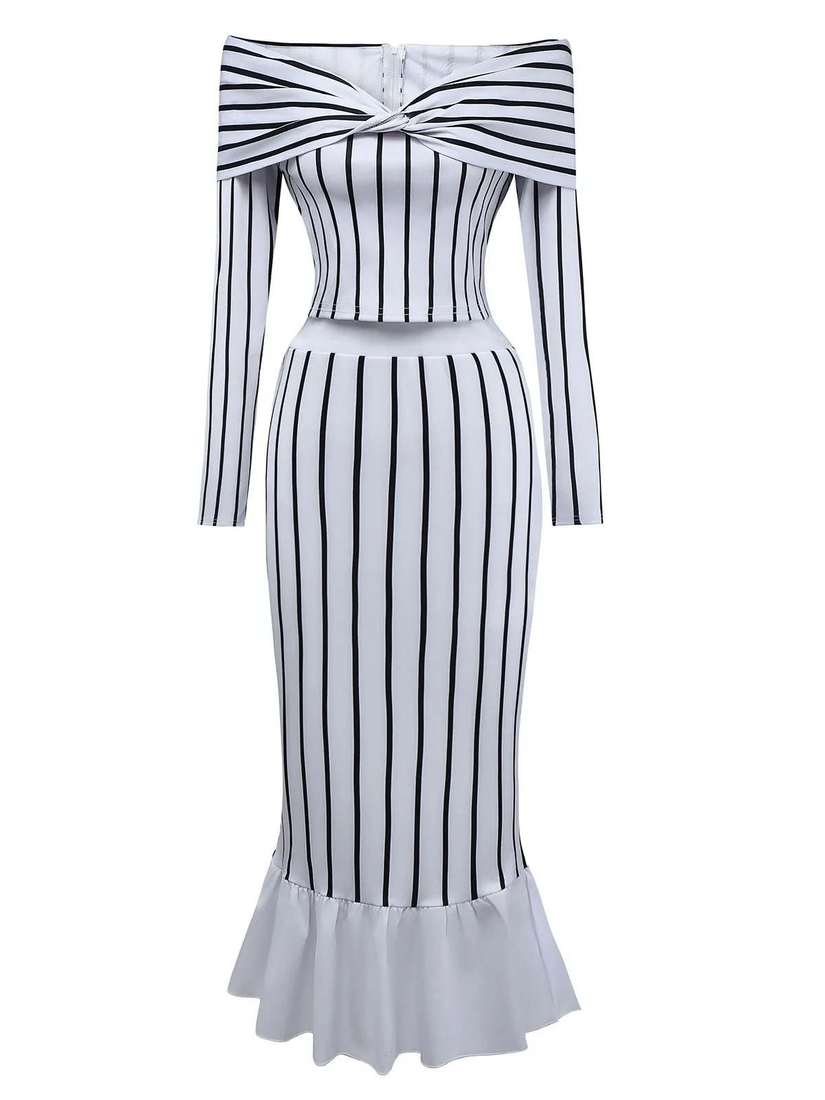2PCS 1930s Striped Off-Shoulder Top & Fishtail Skirt sold by Retro Stage product image thumbnail 2