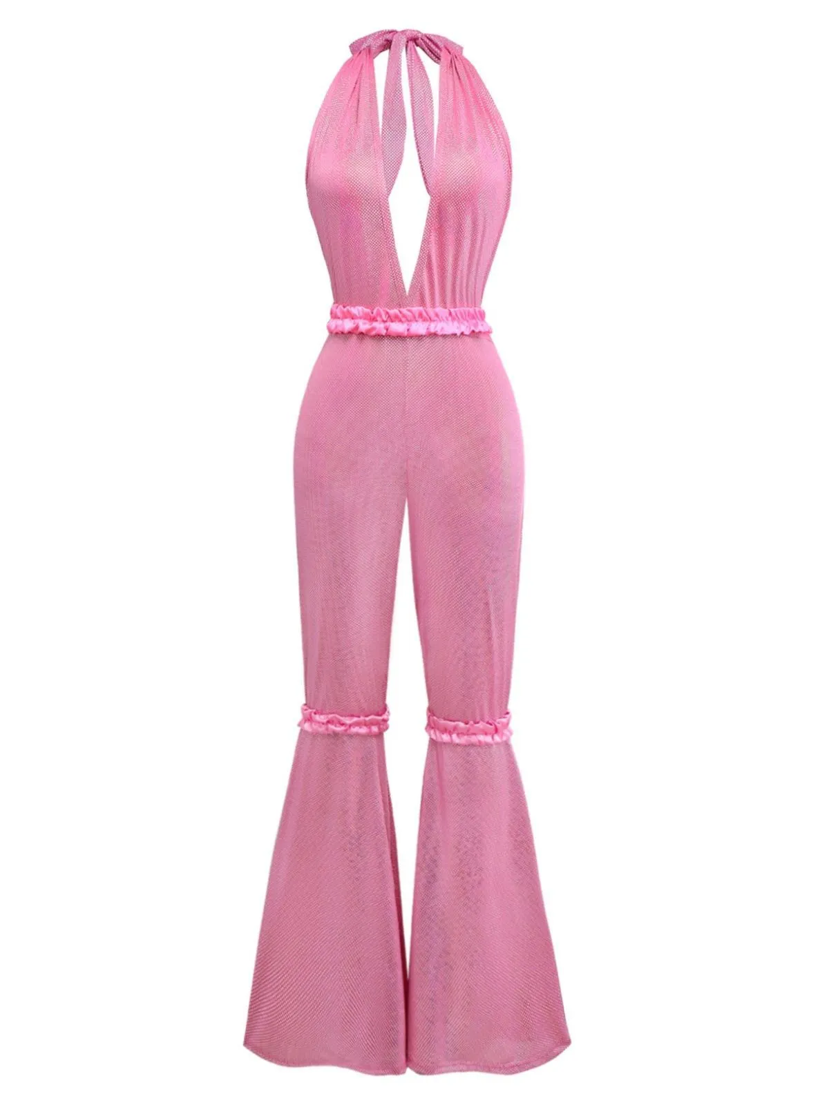 1970s Sheer Solid Deep V-Neck Flare Jumpsuit sold by Retro Stage product image thumbnail 3