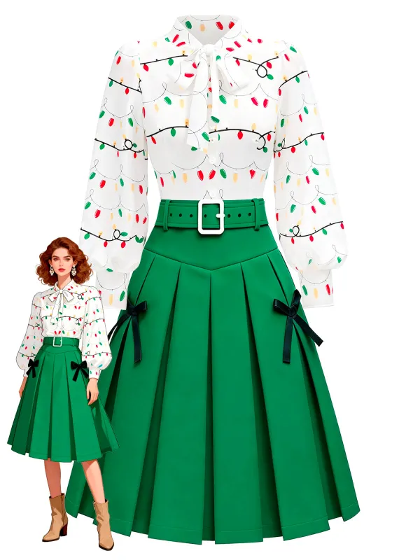 [Pre-Sale] 2PCS 1950s Christmas Lights Print Blouse & Pleated Skirt sold by Retro Stage