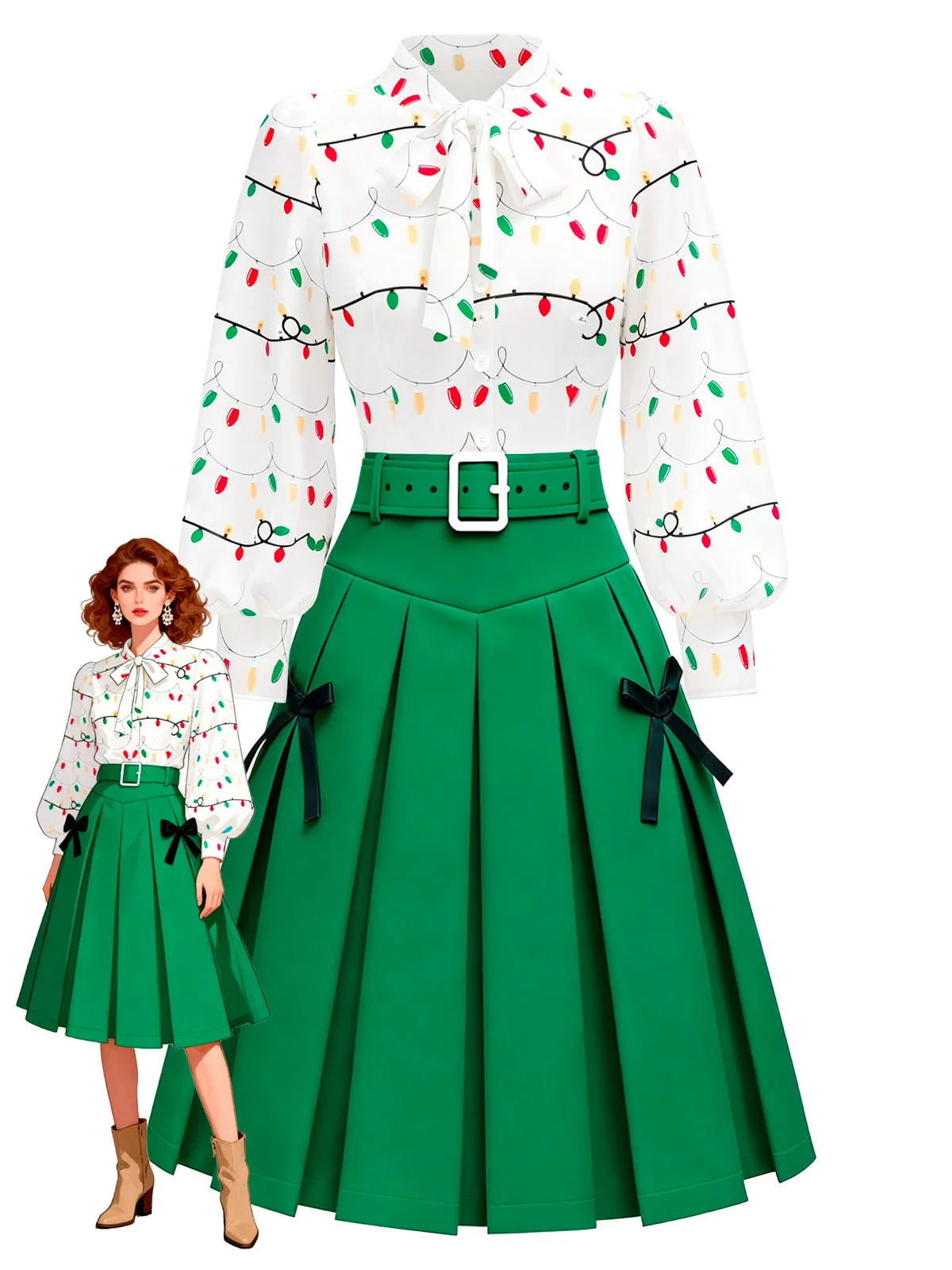 2PCS 1950s Christmas Lights Print Blouse & Pleated Skirt sold by Retro Stage