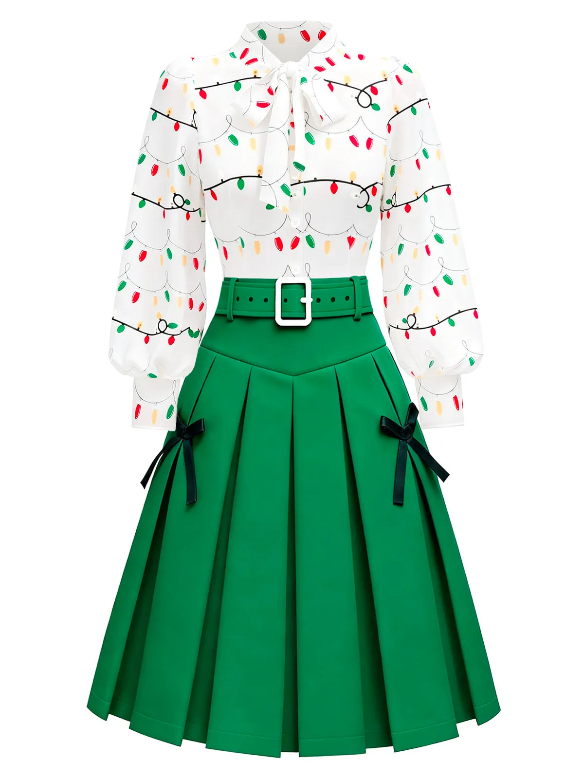 2PCS 1950s Christmas Lights Print Blouse & Pleated Skirt sold by Retro Stage product image thumbnail 2