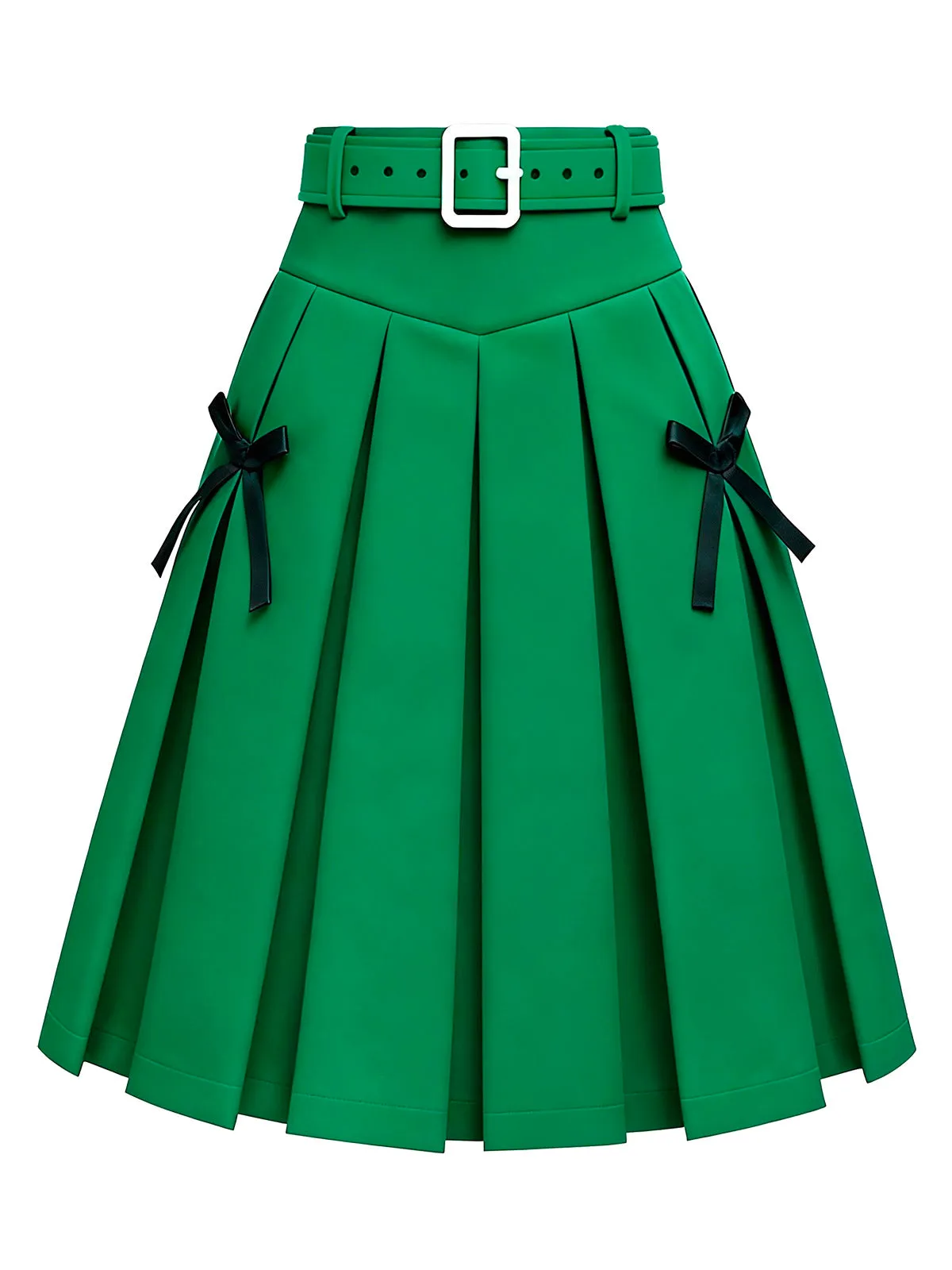 Green 1950s Bow Solid Belted Pleated Skirt sold by Retro Stage
