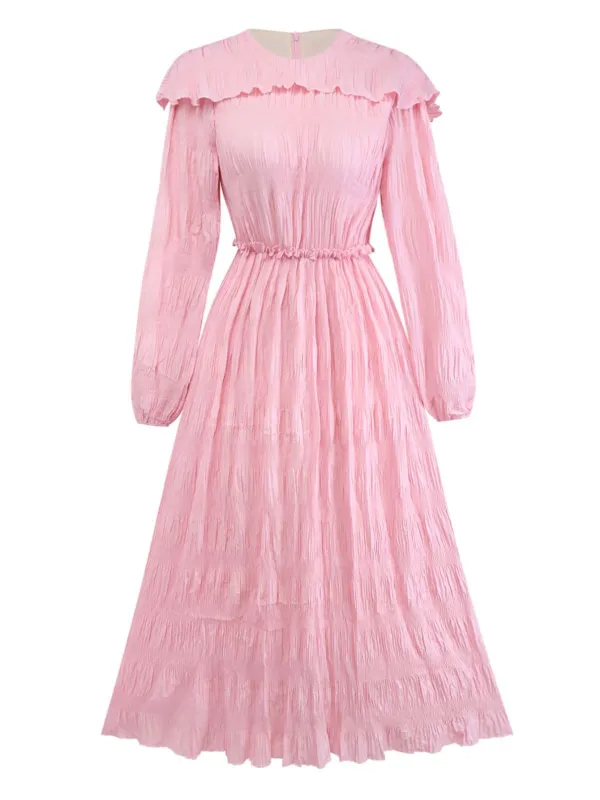 Pink 1950s Pleated Ruffled Collar Dress sold by Retro Stage