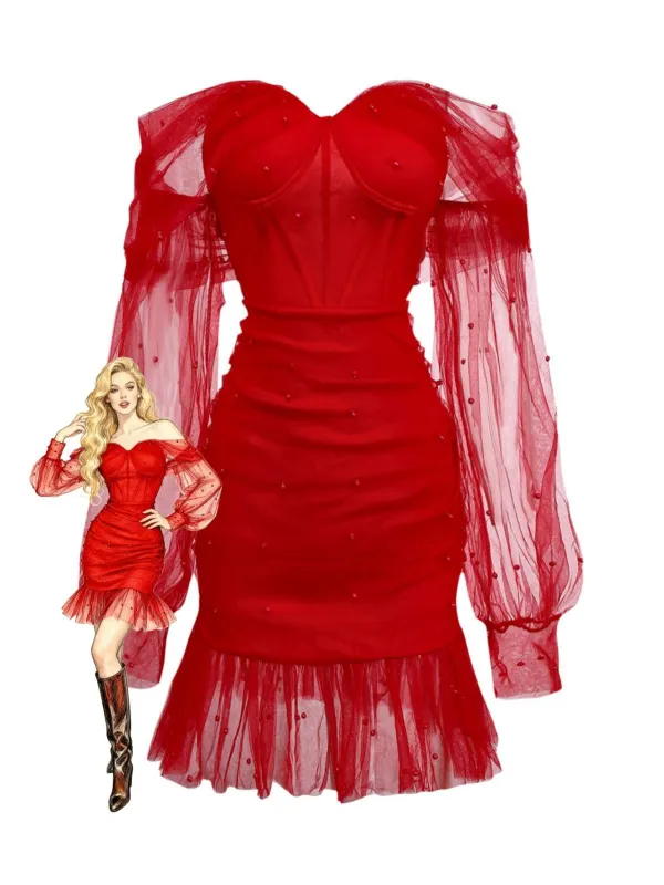 1960s Beading Sweetheart Neck Off-Shoulder Mesh Dress sold by Retro Stage