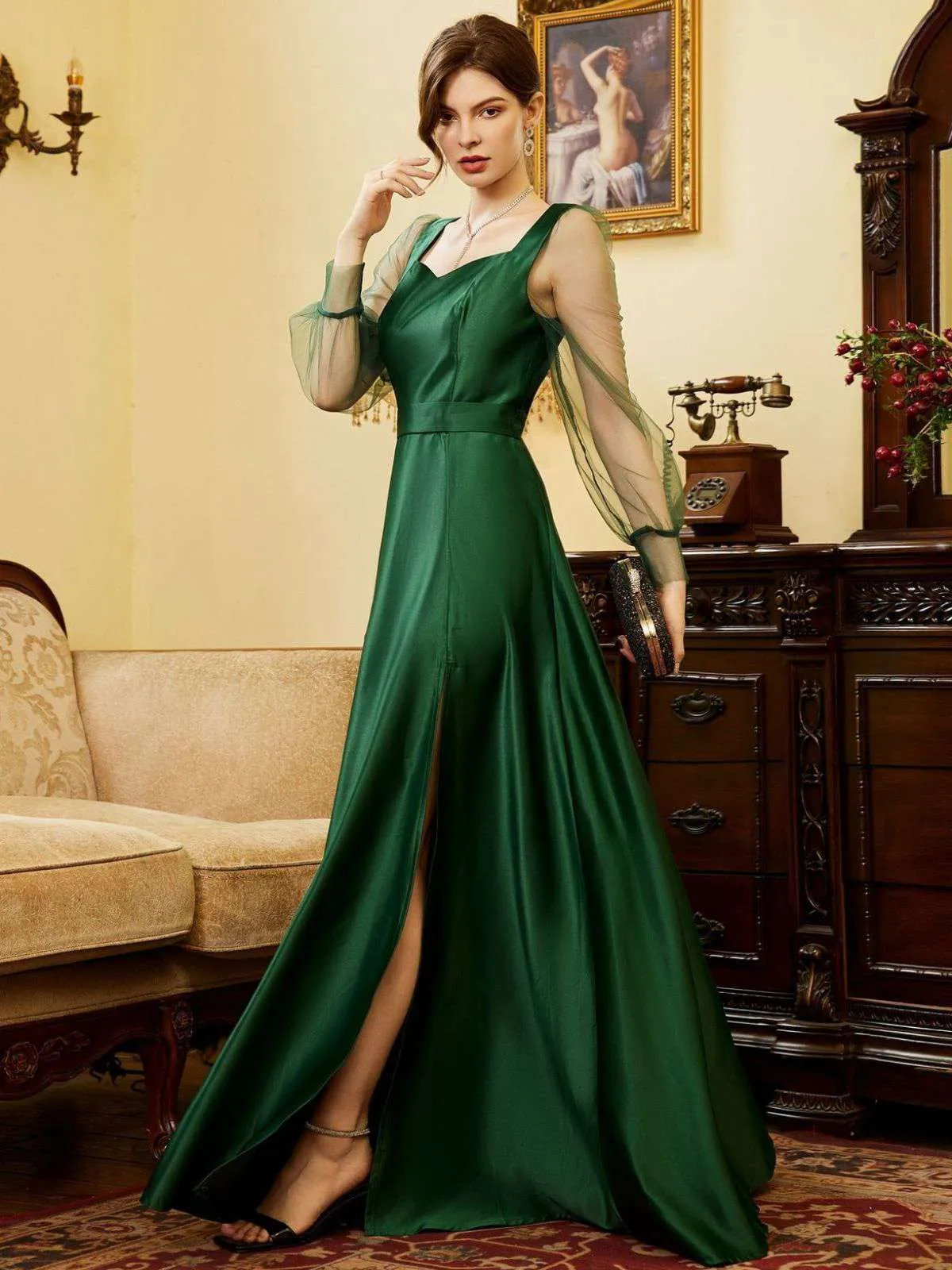 Green 1930s Illusion Sleeve Satin Slit Dress sold by Retro Stage product image thumbnail 3