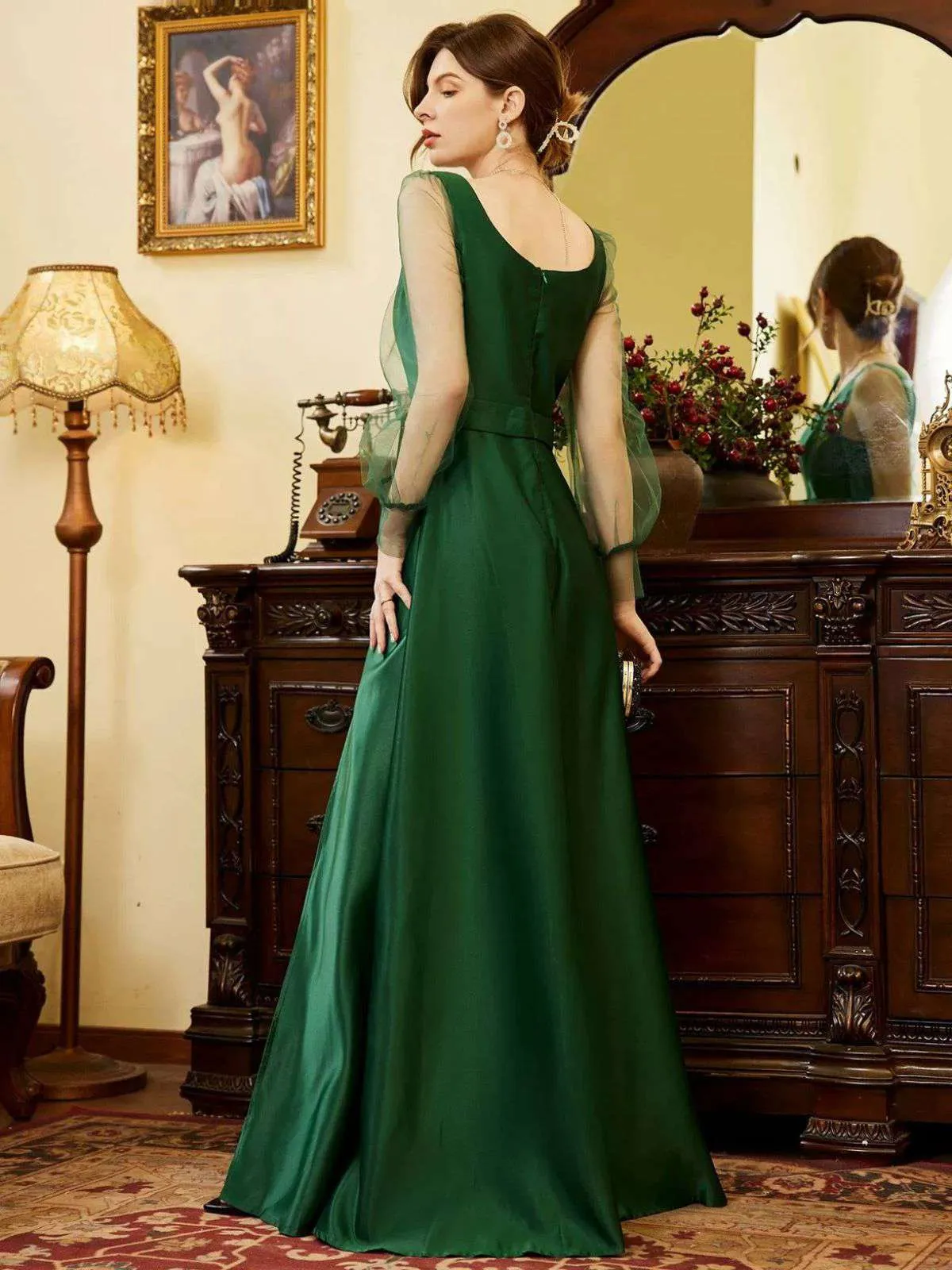 Green 1930s Illusion Sleeve Satin Slit Dress sold by Retro Stage product image thumbnail 2