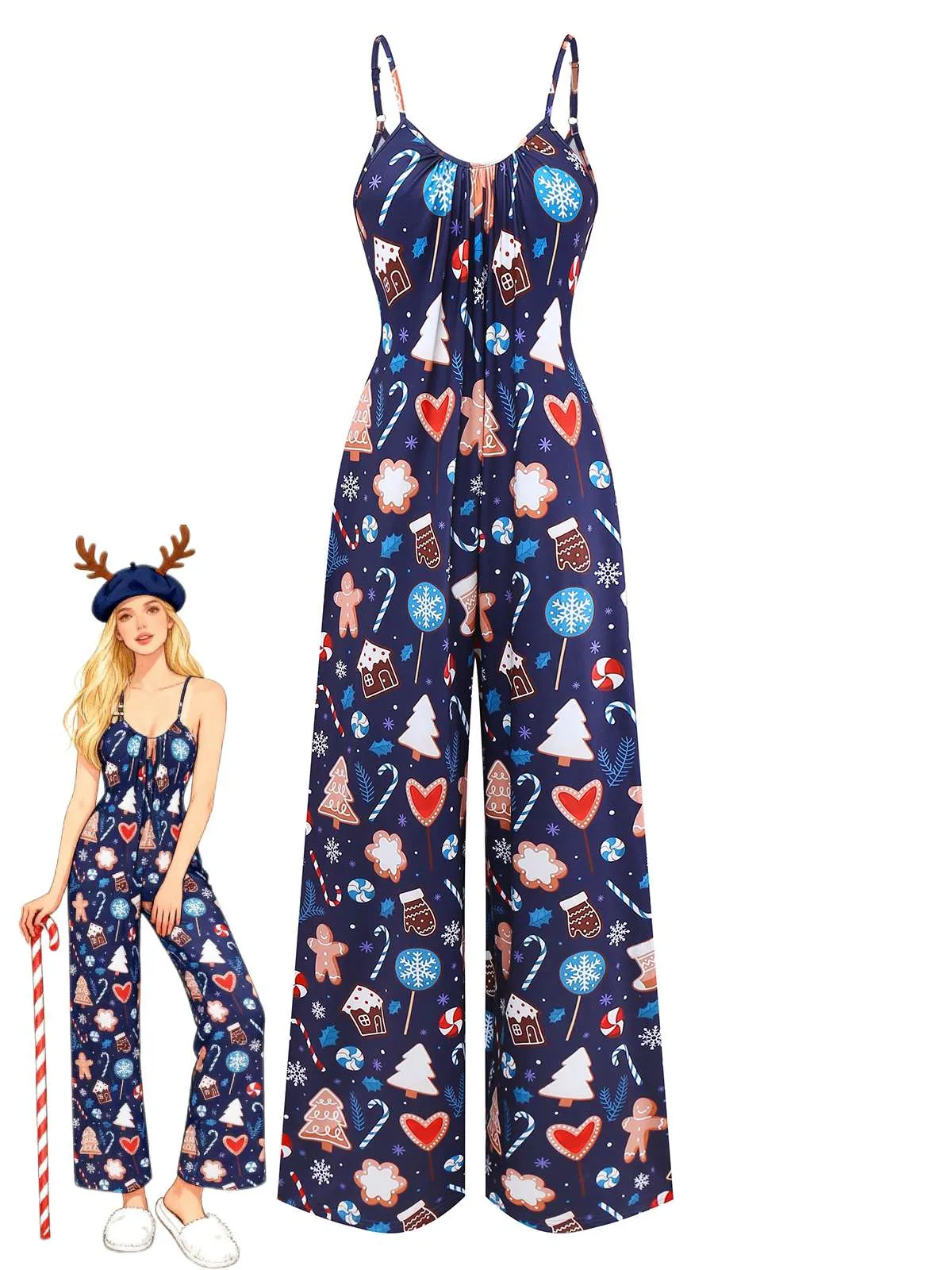 Blue 1930s Christmas Elements Printed Straps Jumpsuit sold by Retro Stage