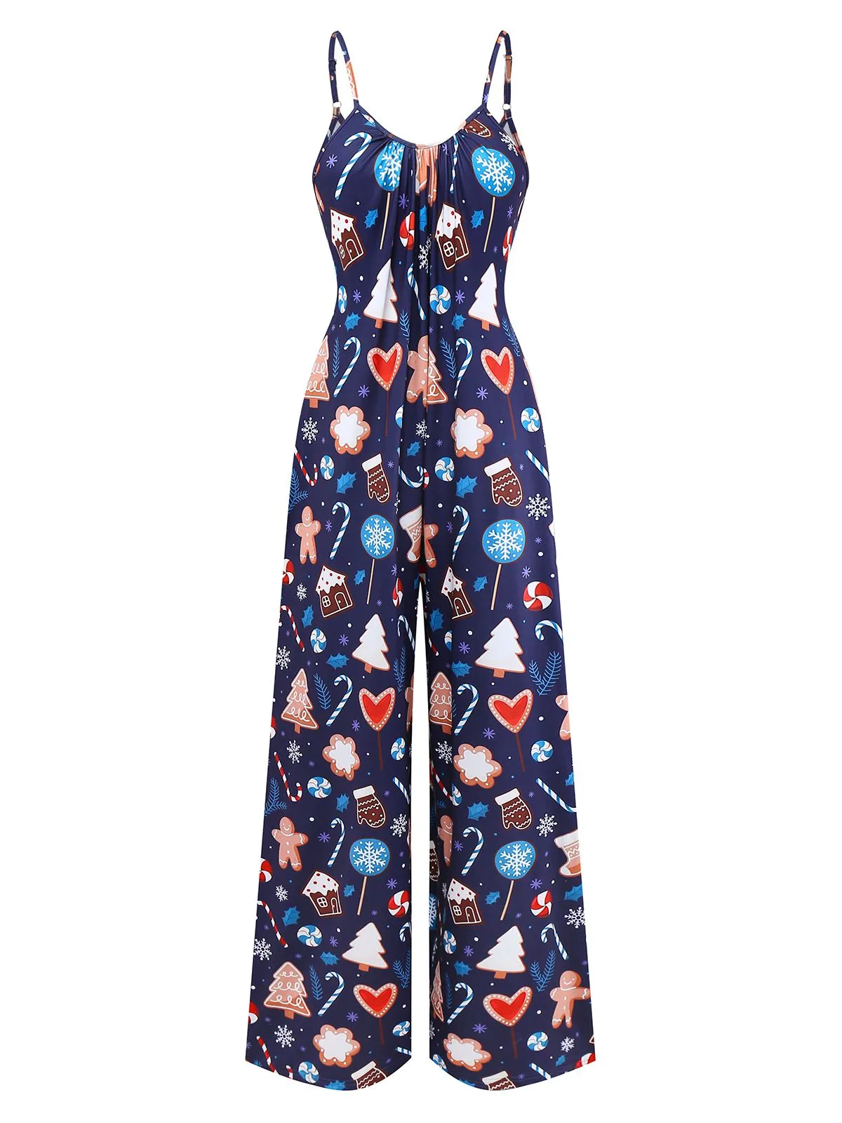 Blue 1930s Christmas Elements Printed Straps Jumpsuit sold by Retro Stage product image thumbnail 2