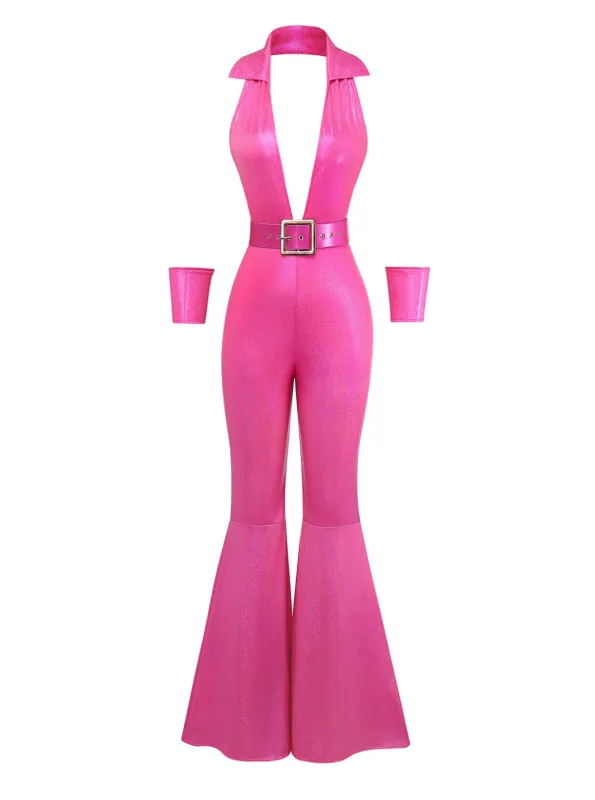 [Pre-Sale] Pink 1970s Metallic Deep V-Neck Disco Jumpsuit sold by Retro Stage