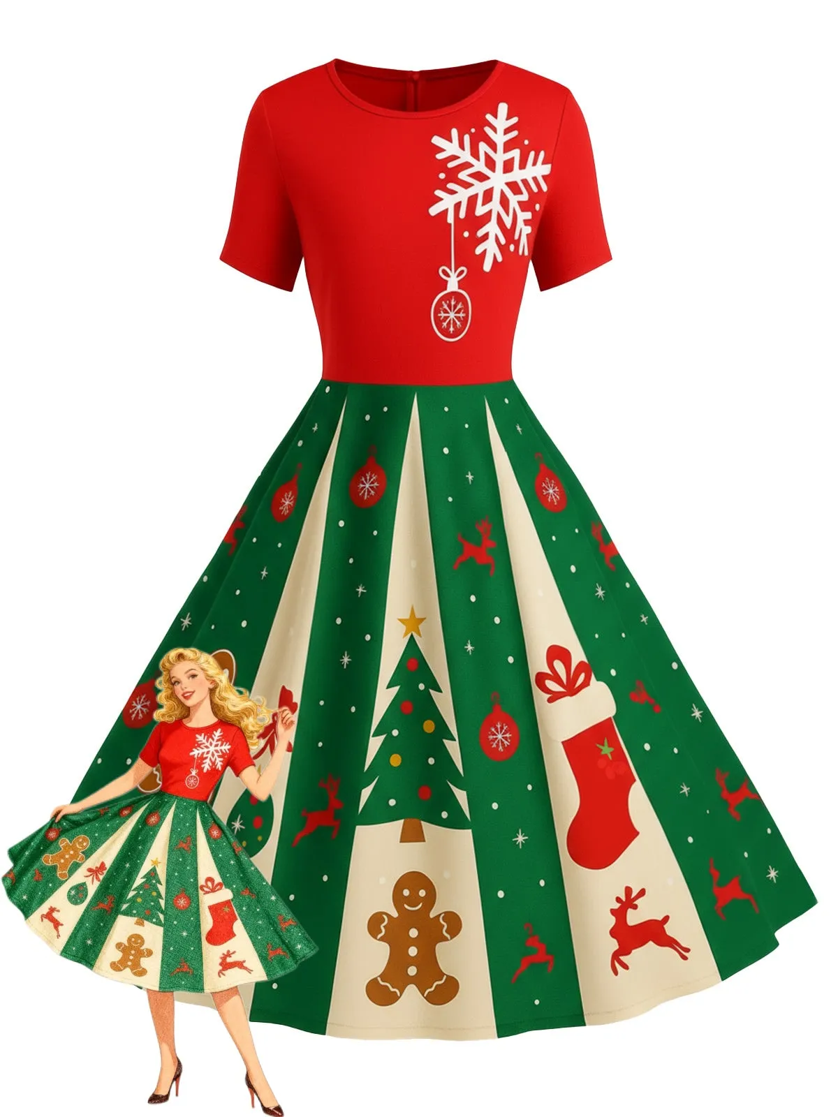 Pink 1950s Christmas Snowflake Swing Dress sold by Retro Stage product image thumbnail 4