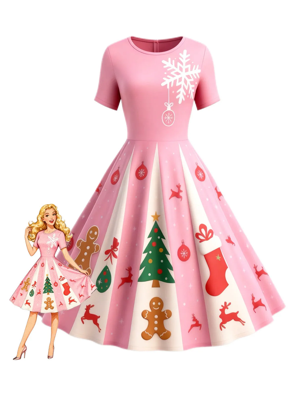 Pink 1950s Christmas Snowflake Swing Dress sold by Retro Stage