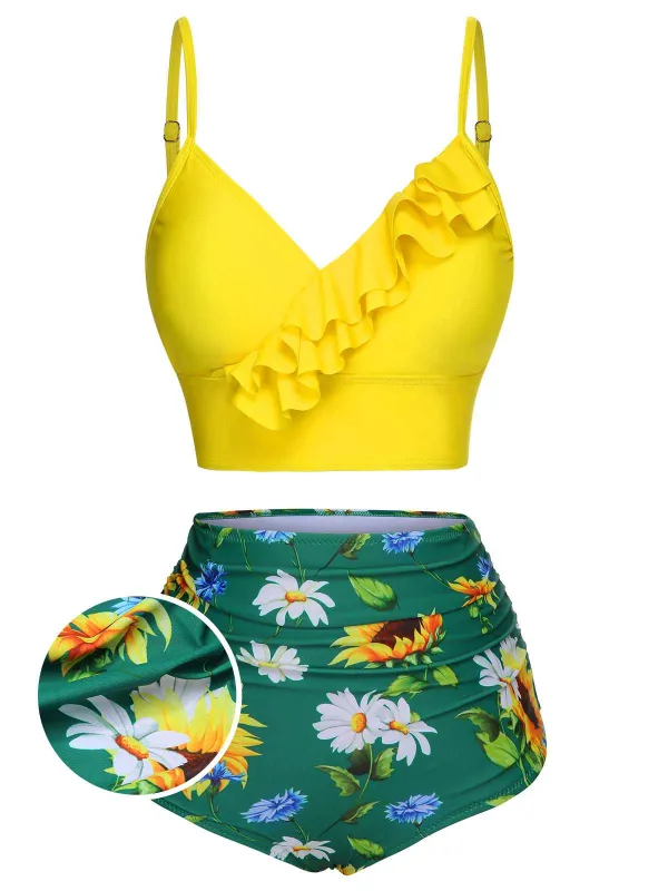 [US Warehouse] 2PCS Yellow 1950s Sunflower Ruffles V-Neck Swimsuit sold by Retro Stage