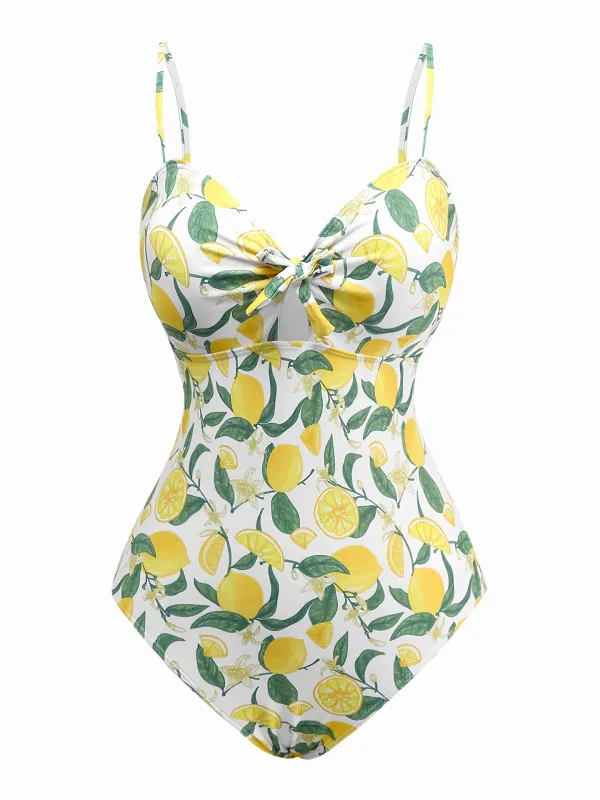 Yellow 1950s Lemon Print Bow One-Piece Swimsuit sold by Retro Stage