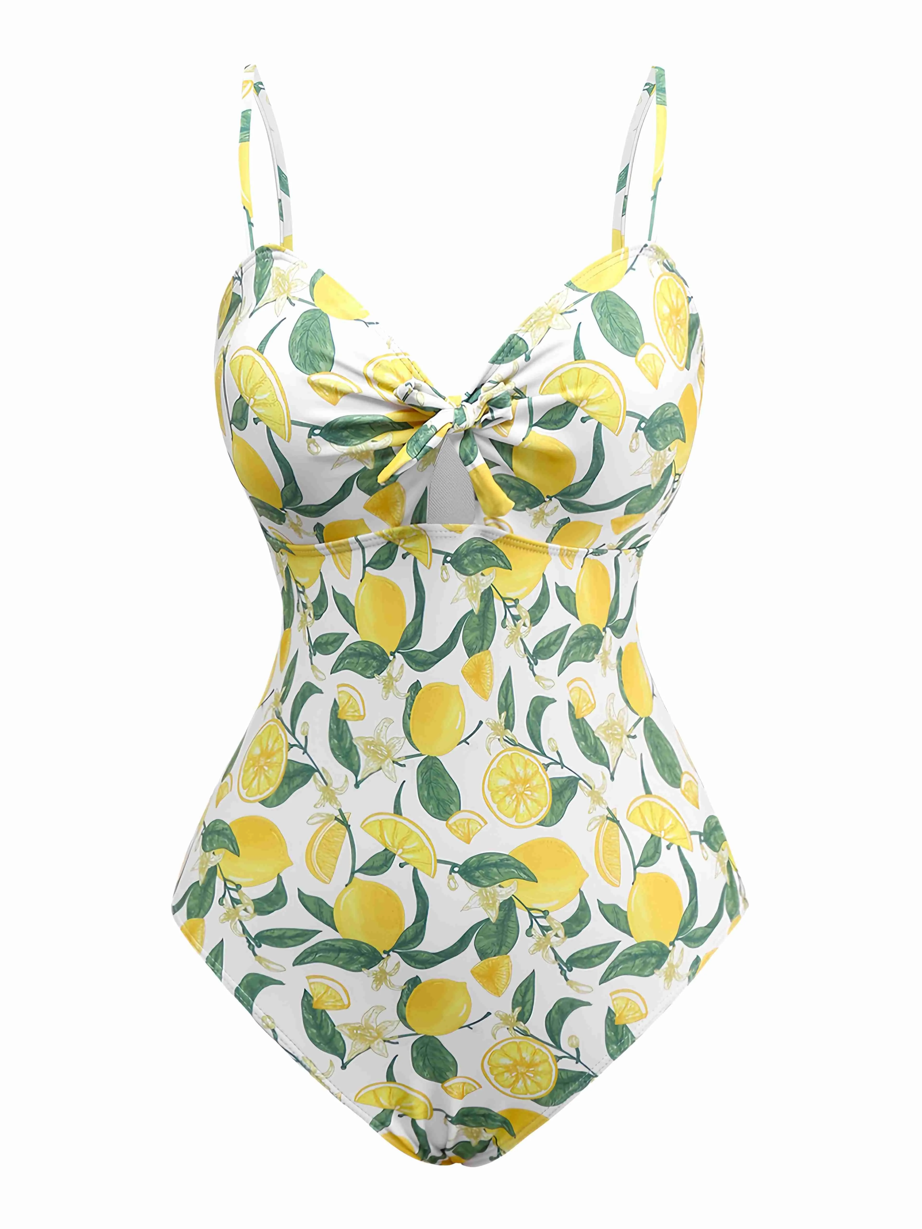 Yellow 1950s Lemon Print Bow One-Piece Swimsuit sold by Retro Stage