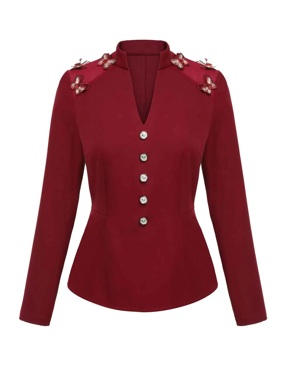 Red 1940s Stand Collar Butterflies Blouse sold by Retro Stage product image thumbnail 2