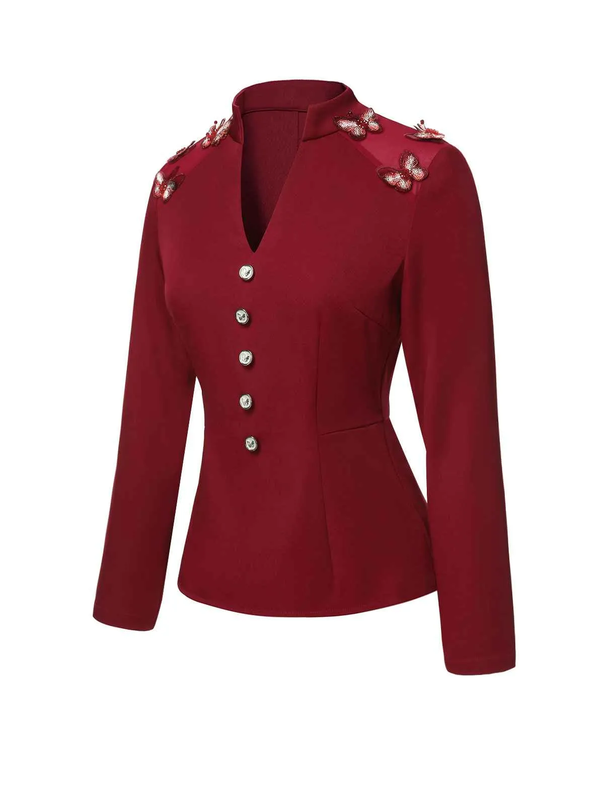 Red 1940s Stand Collar Butterflies Blouse sold by Retro Stage product image thumbnail 3