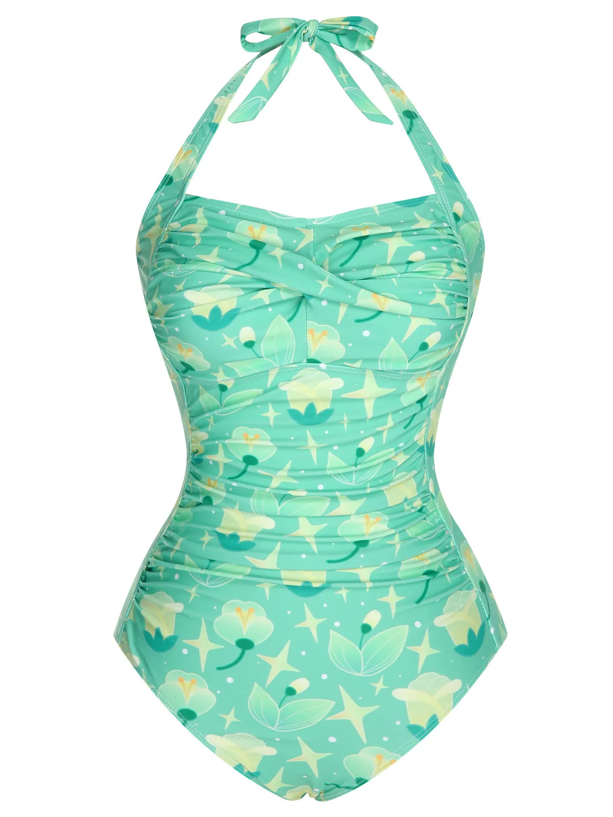 Green 1930s Halter Plants Print One-Piece Swimsuit sold by Retro Stage