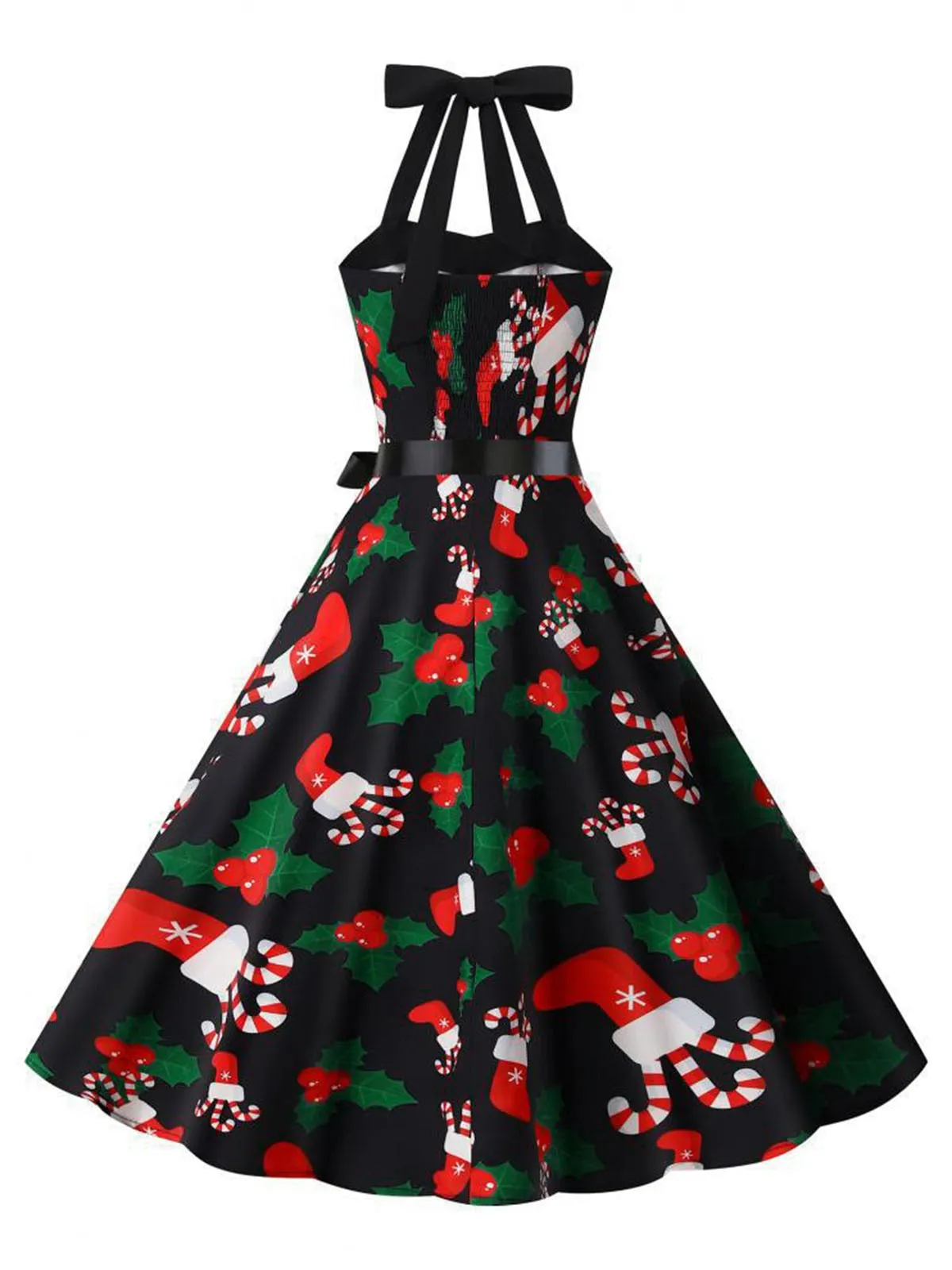 Black 1950s Christmas Santa Socks Halter Dress sold by Retro Stage product image thumbnail 3