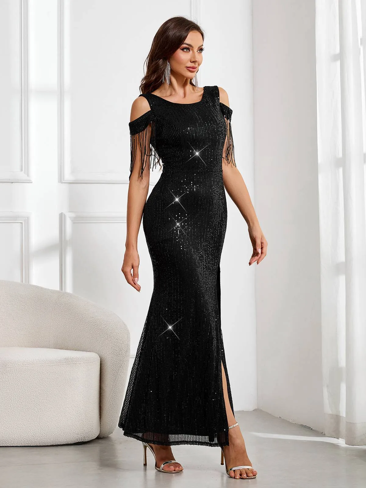 Black 1920s Cold-Shoulder Split Sequined Dress sold by Retro Stage product image thumbnail 4