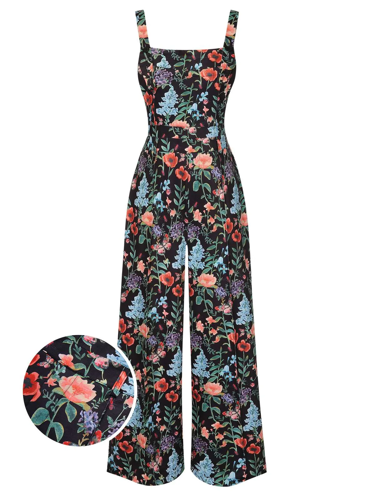 Multicolor 1930s Floral Square Neck Strap Jumpsuit sold by Retro Stage