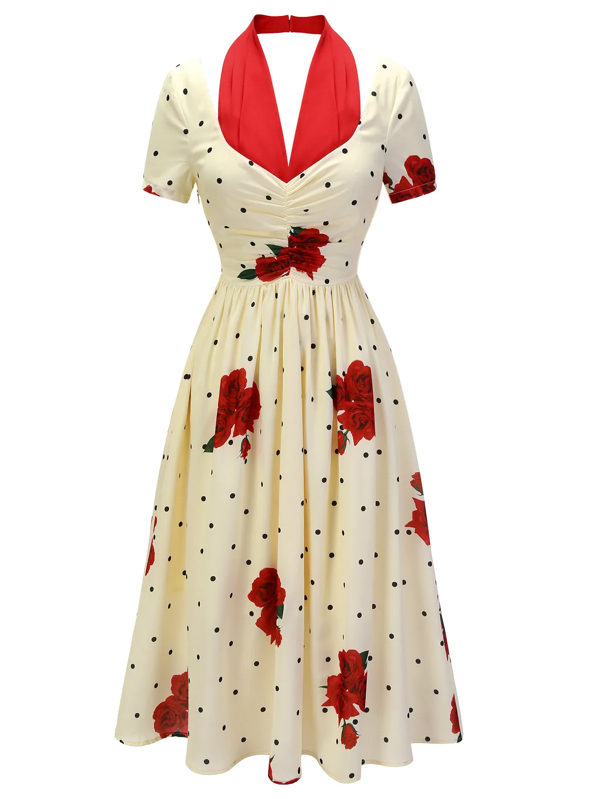 Beige 1930s Polka Dot Rose Patchwork Dress sold by Retro Stage product image thumbnail 2