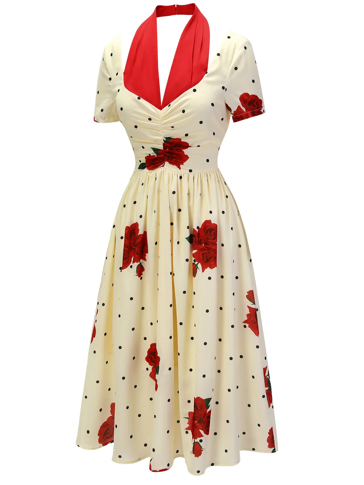 Beige 1930s Polka Dot Rose Patchwork Dress sold by Retro Stage product image thumbnail 3