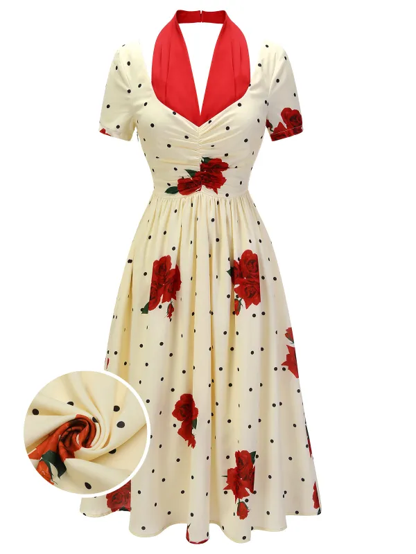 Beige 1930s Polka Dot Rose Patchwork Dress sold by Retro Stage
