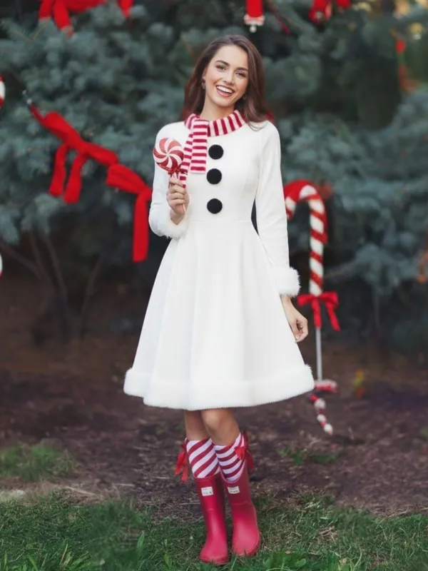 [Pre-Sale] Red & White Christmas Snowman Velvet Dress sold by Retro Stage