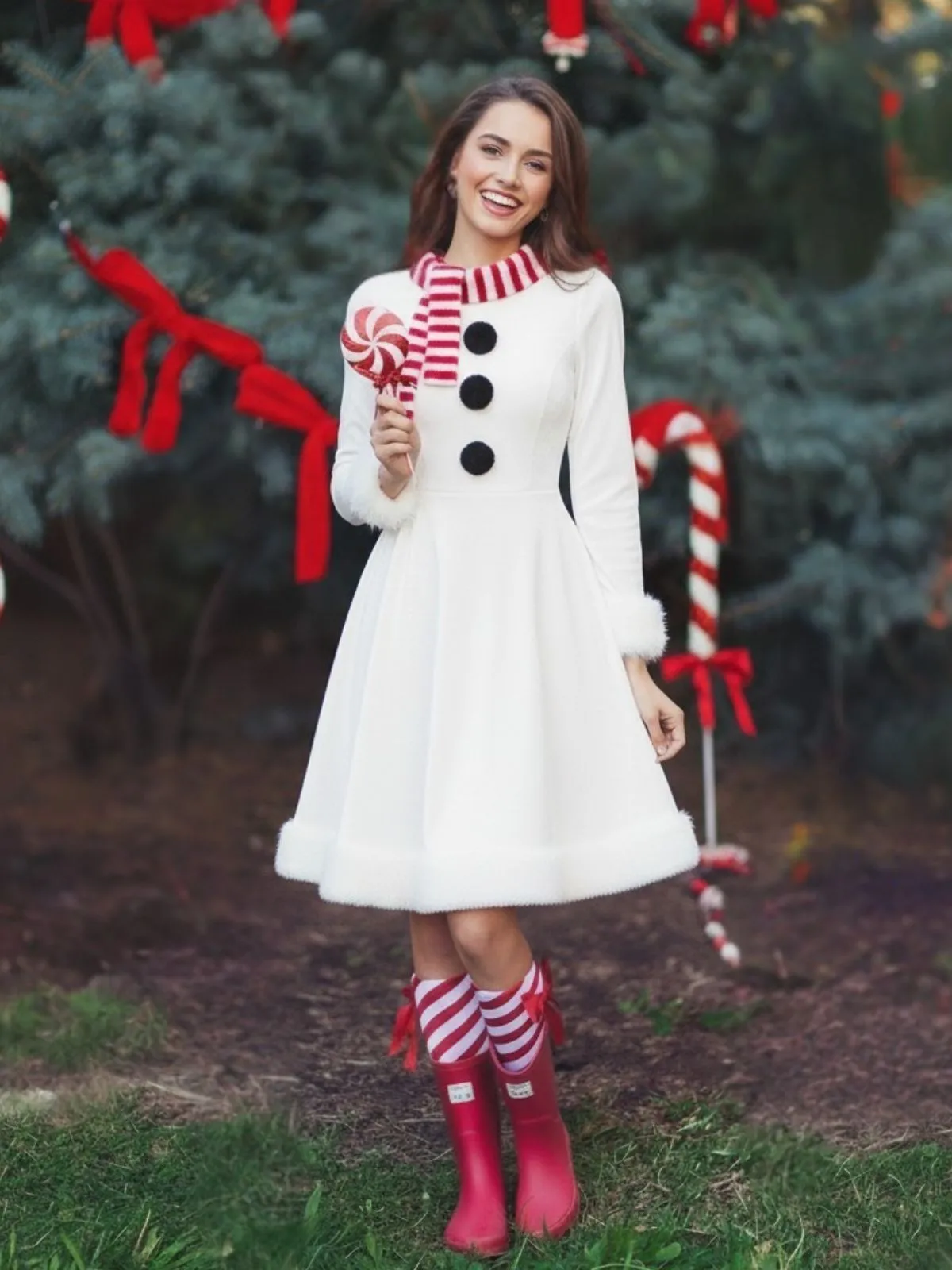 Red & White Christmas Snowman Velvet Dress sold by Retro Stage