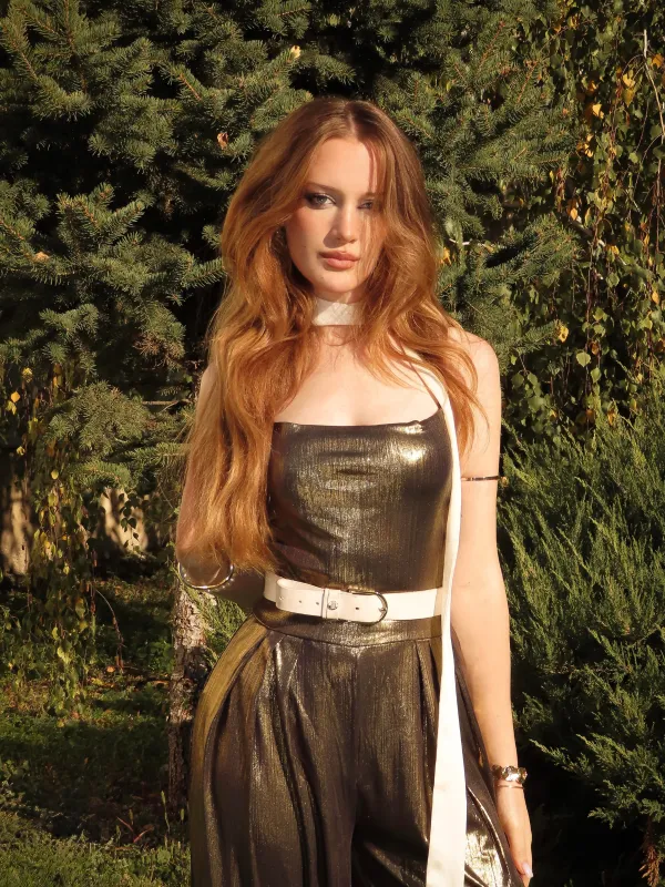 Metallic Gold 1980s Cowl Neck Spaghetti Strap Jumpsuit sold by Retro Stage