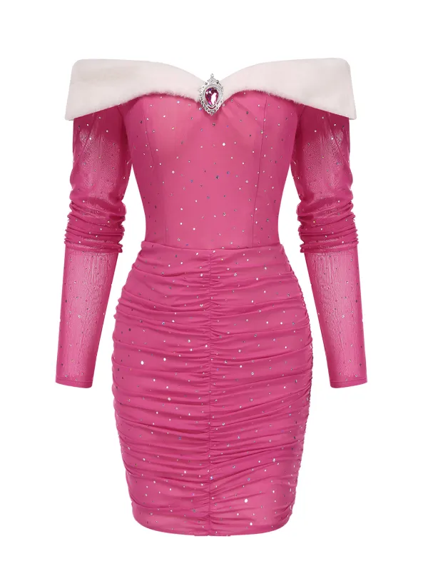 [Pre-Sale] Pink 1960s Glitter Off-Shoulder Plush Wrinkle Dress sold by Retro Stage